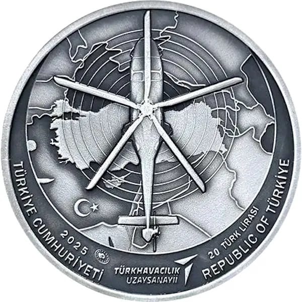 20 liras turcas 2025 helicóptero T625 Gökbey Anverso