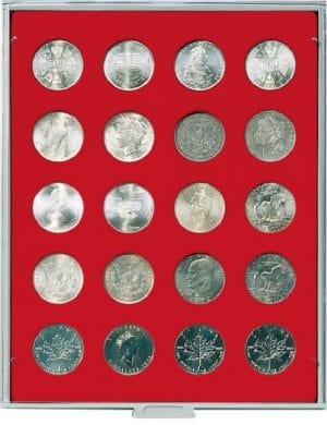 Bandeja para monedas Lindner 20 huecos redondos para monedas de 328mm rojo ref. 2102