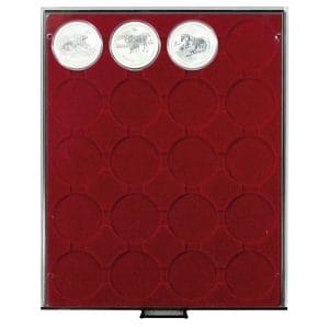 Bandeja para monedas Lindner 20 huecos redondos para monedas en cápsula de 49mm rojo oscuro ref. 2943