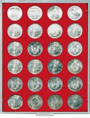Bandeja para monedas Lindner 24 huecos redondos para monedas de 41mm rojo ref. 2160