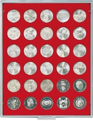 Bandeja para monedas Lindner 30 huecos redondos para monedas de 34mm rojo ref. 2150
