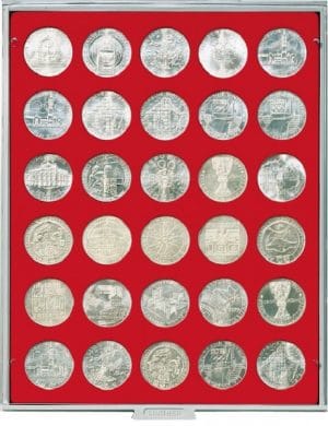 Bandeja para monedas Lindner 30 huecos redondos para monedas de 36mm rojo ref. 2101