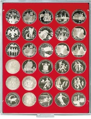 Bandeja para monedas Lindner 30 huecos redondos para monedas de 39mm rojo ref. 2106