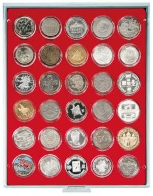 Bandeja para monedas Lindner 30 huecos redondos para monedas en cápsula de 39mm rojo ref. 2226