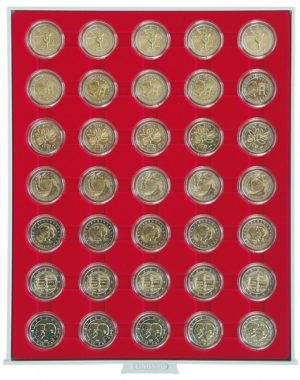 Bandeja para monedas Lindner 35 huecos redondos para monedas en cápsula de 32mm rojo ref. 2530