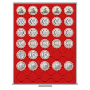 Bandeja para monedas Lindner 35 huecos redondos para monedas en cápsula de 34mm rojo ref. 2535