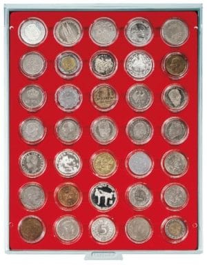 Bandeja para monedas Lindner 35 huecos redondos para monedas en cápsula de 36mm rojo ref. 2225 (4)