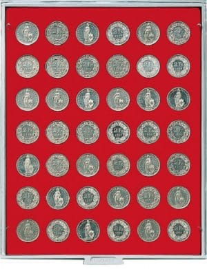Bandeja para monedas Lindner 42 huecos redondos para monedas de 27,5mm rojo ref. 2107 (1)