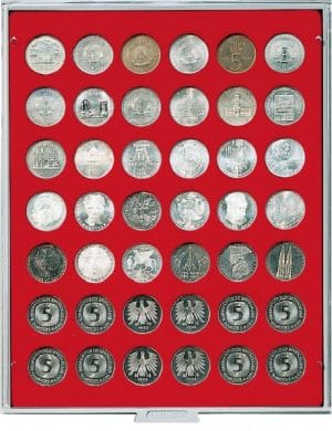 Bandeja para monedas Lindner 42 huecos redondos para monedas de 29,5mm rojo ref. 2105 (1)
