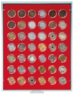 Bandeja para monedas Lindner 42 huecos redondos para monedas en cápsula de 29,5mm rojo ref. 2529