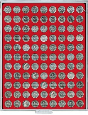 Bandeja para monedas Lindner 99 huecos redondos para monedas de 20mm rojo ref. 2550