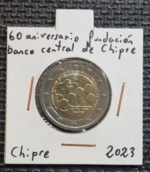 Moneda 2 euros conmemorativa de Chipre 2023 del 60 aniversario de la fundación del banco central de Chipre