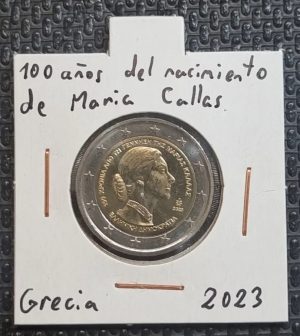Moneda 2 euros conmemorativa de Grecia 2023 del centenario del nacimiento de Maria Callas