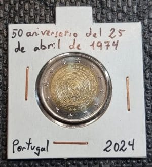 Moneda 2 euros conmemorativa de Portugal 2024 del 50 aniversario del 25 de abril de 1974