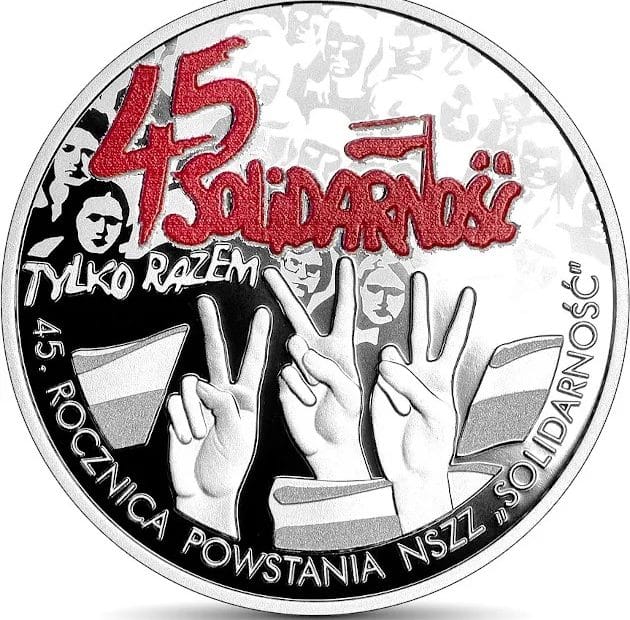 10 zlotys de plata de Polonia de los 45 años del nacimiento del sindicato “Solidaridad” Reverso
