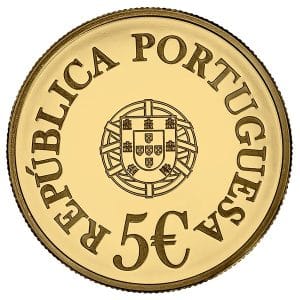 5 euros de oro de Portugal 2025 del 200 aniversario del nacimiento de Camilo Castelo Branco Anverso