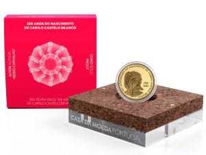 5 euros de oro de Portugal 2025 del 200 aniversario del nacimiento de Camilo Castelo Branco Caja