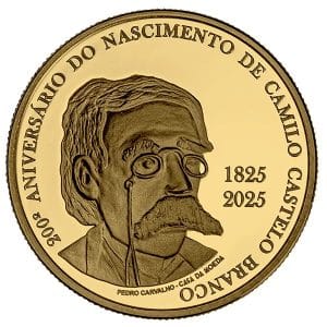 5 euros de oro de Portugal 2025 del 200 aniversario del nacimiento de Camilo Castelo Branco Reverso