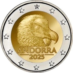 Moneda 2 euros Andorra 2025 cabeza del quebrantahuesos