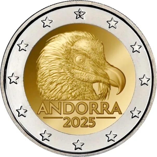 Moneda 2 euros Andorra 2025 cabeza del quebrantahuesos