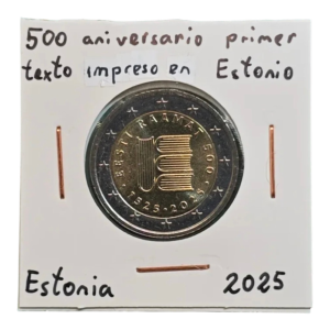 Moneda 2 euros conmemorativa Estonia 2025 del 500 aniversario del primer texto impreso en Estonio