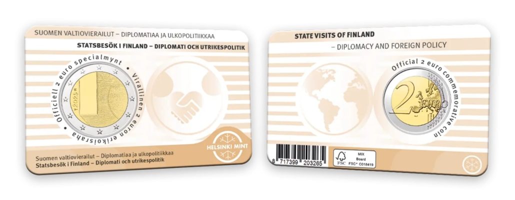 Coincard 2 euros Finlandia 2025 Visitas de Estado de Finlandia Diplomacia y Política Exterior en finlandés y sueco (2 caras)